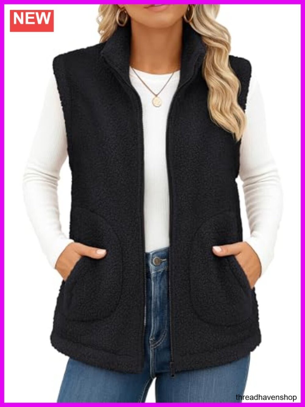 Women's Sherpa Fleece Zip Up Vest with Pockets, Lightweight Puffer Vest